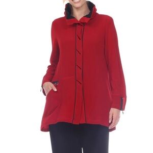 Stylish Black Coat with Red Trim Button Front Jacket